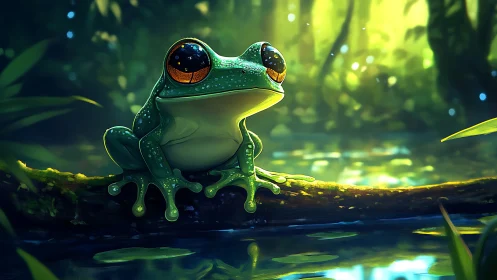 Stargazing tree frog poised on glowing rainforest log.