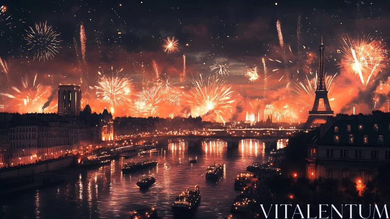Paris riverfront erupts in radiant fireworks over city skyline.