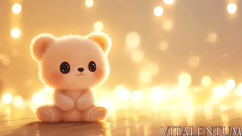 Fluffy teddy bear glows under warm golden bokeh lights.