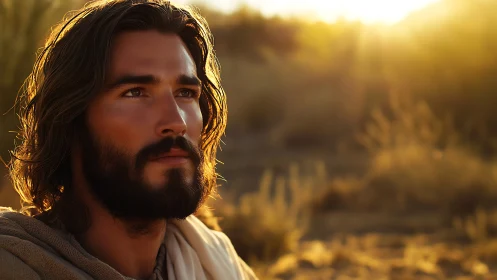 Sunlit bearded wanderer in shallow-depth desert portrait.