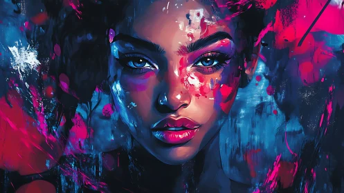 Neon-lit female portrait in saturated cyan and magenta strokes