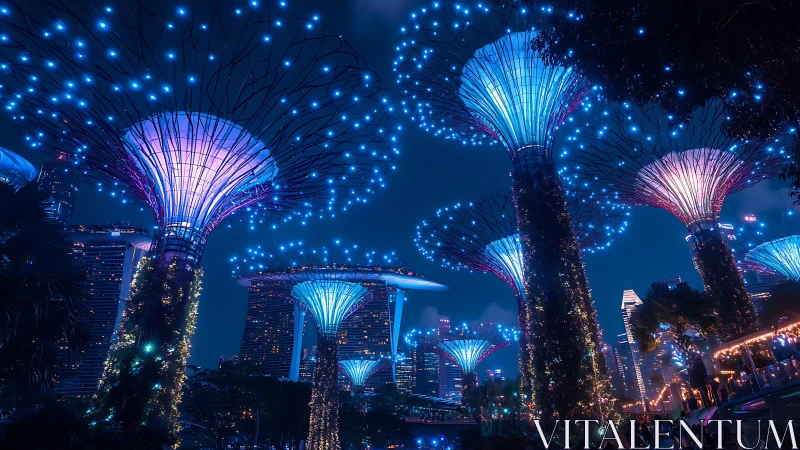 Illuminated supertree structures render dense bokeh-rich night skyline