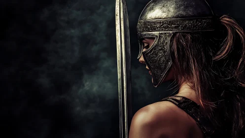 Photorealistic profile of armored female warrior with sword.