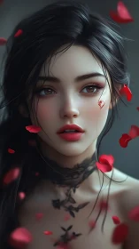 Digital portrait shows young woman amid falling red petals