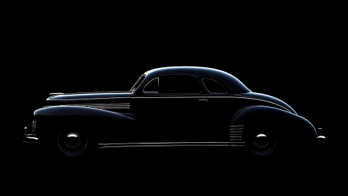 Elegant vintage coupe silhouette glows softly against black