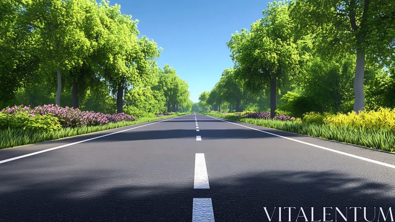 Tree-lined highway under clear blue sky at summer midday.