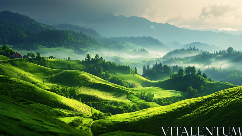 Sunlit green hills and misty distant mountain valley.