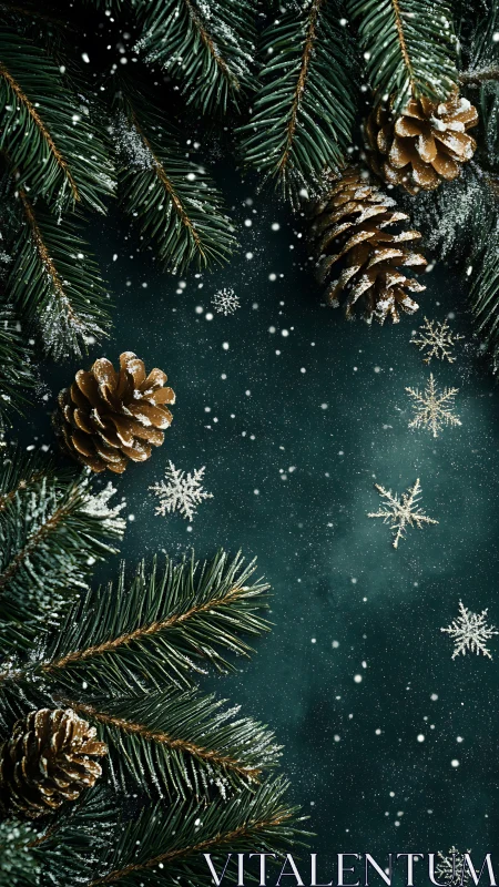 Snow-dusted evergreen branches with pine cones and flakes.