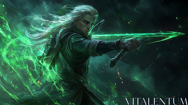 Elf warrior channels emerald energy through spectral blade.