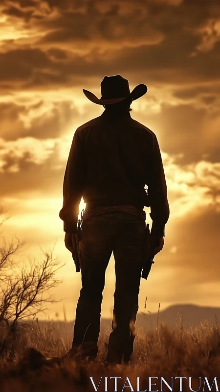 Lone cowboy silhouette waits under blazing western sunset.