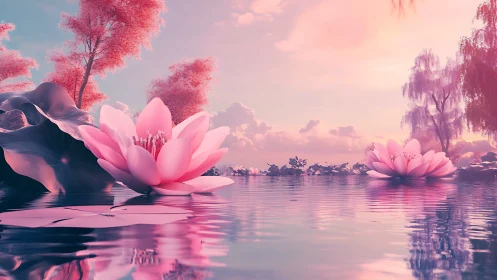 Pastel lotus lagoon under cinematic pink twilight glow.
