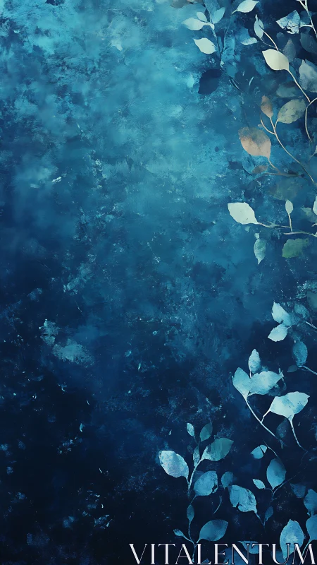 Vertical indigo foliage abstraction with textured leaf silhouettes