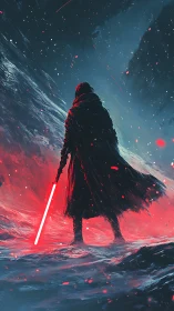 Hooded figure holds glowing blade on stormy frozen terrain