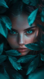 Mystical forest gaze framed by lush teal leaves at dusk.