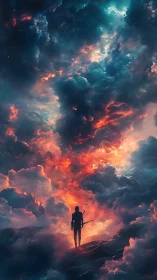 Digital painting of lone warrior beneath apocalyptic nebula skies.