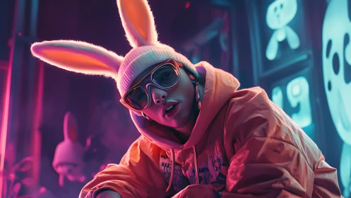 Neon rabbit-ears streetwear portrait in cinematic bokeh glow.