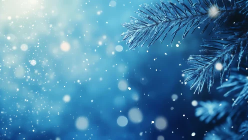 Frosted pine needles shimmer through a dreamy winter snowfall.