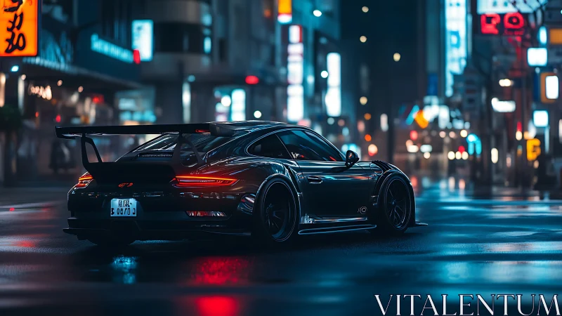 Black sports car parked on wet neon city street at night.