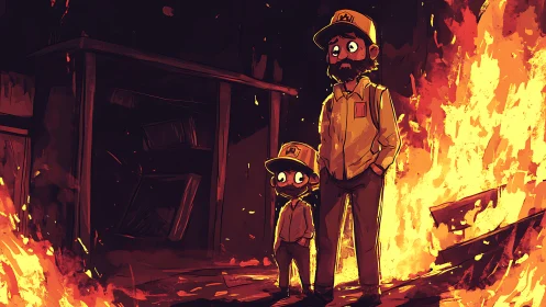 Firefighters Standing Amid Intense Flames and Burning Building