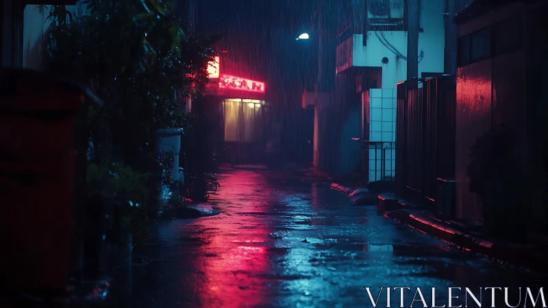 Rain-soaked alleyway rendered in neon cyan and magenta light