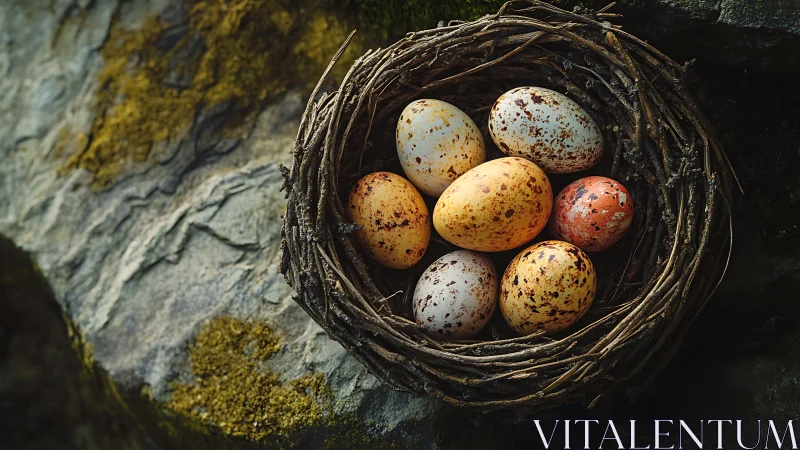 Bird nest contains seven speckled eggs on textured rock