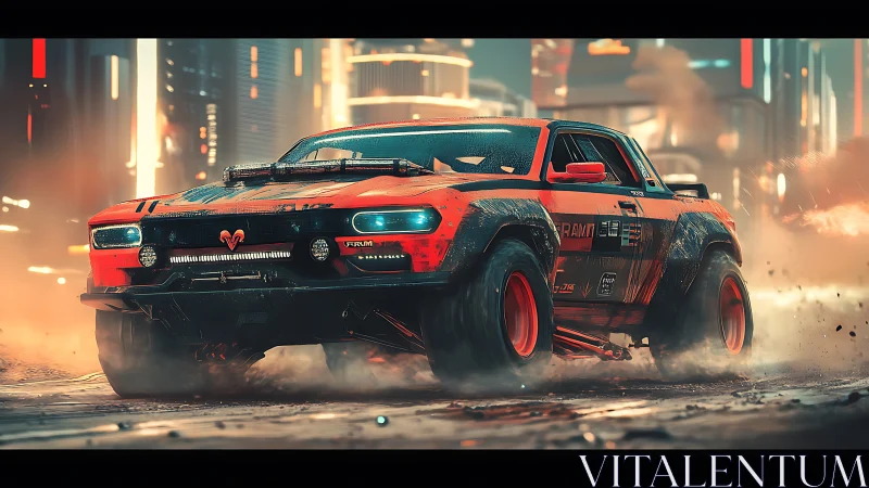 Night streets roar as a rugged orange racer storms ahead