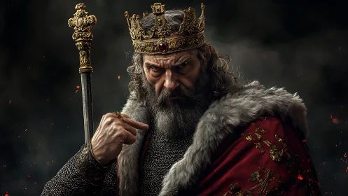 Fierce medieval king in jeweled crown and fur cloak portrait.