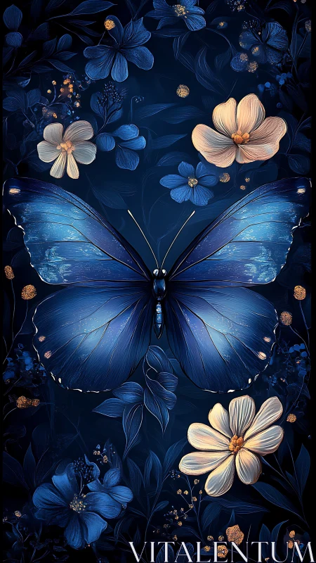 Midnight blue butterfly drifting through gentle floral glow.