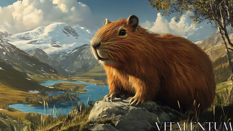 Gigantic capybara rendered against alpine lake and glacier vista