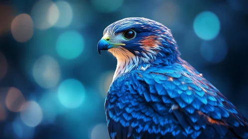 Majestic Blue Falcon Portrait with Vibrant Bokeh Background.