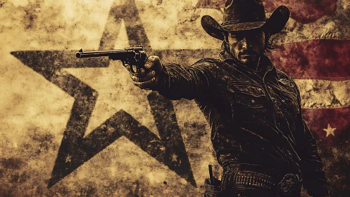 Dusty frontier gunslinger framed by bold western stars.