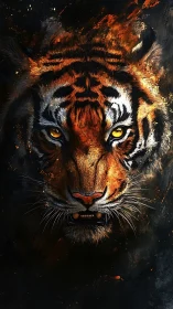 Fiery tiger portrait emerges from dark abstract background
