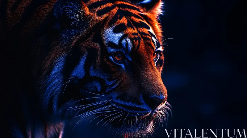 Bicolor rim‑lit tiger portrait in high-contrast digital chiaroscuro.