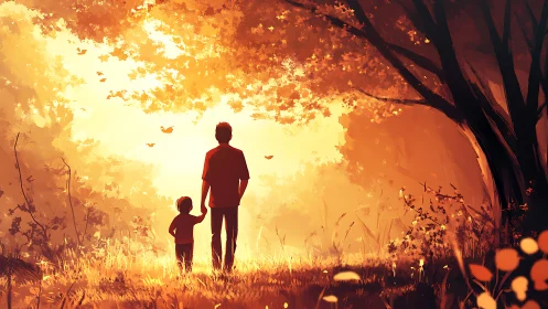 Silhouetted parent and child standing in glowing forest path.
