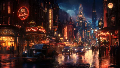 Noir metropolis boulevard under neon rainlit night sky.