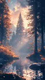 Forest river under low sun with mist and distant mountain.