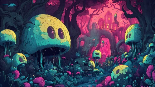 Glowshroom guardians gossip quietly beneath the neon castle