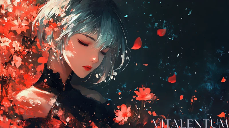 Solitary silver-haired girl amid red blossoms at night.