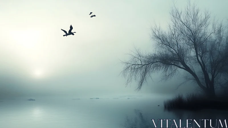 Foggy lake sunrise with silhouetted birds in flight.