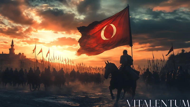 Ottoman cavalry rides at dawn beneath a blazing red standard.