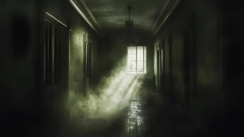 Haunted corridor rendered in atmospheric volumetric light study