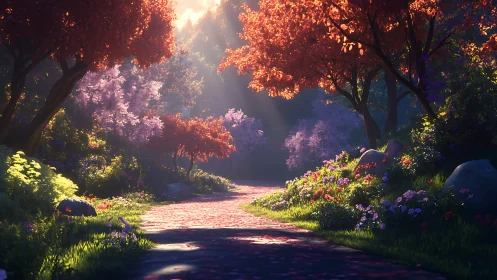 Gentle forest path glows under soft morning blossom light
