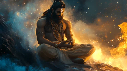 Ascetic yogi in meditative fire aura rendered as digital painting