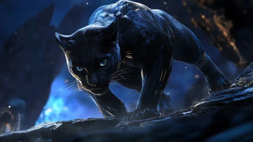 Midnight Prowler: Luminous Panther in Ethereal Blue.