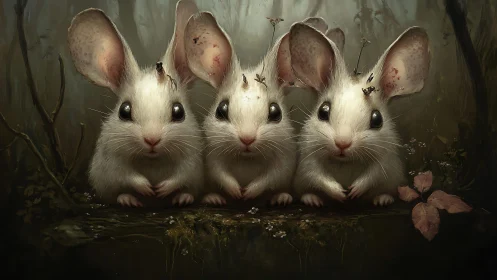 Woodland trio of white rabbits with luminous eyes poised.