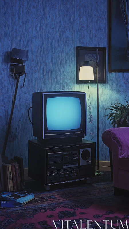 Retro living room corner with blue lit CRT television.