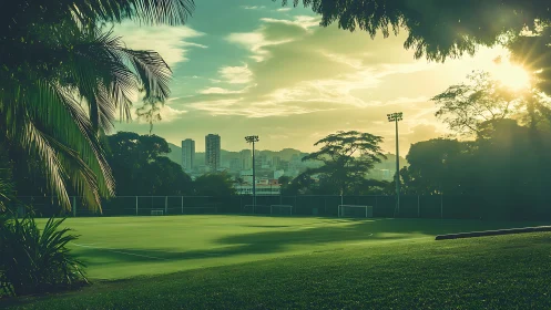 Urban sports field lies empty beneath low sun and haze