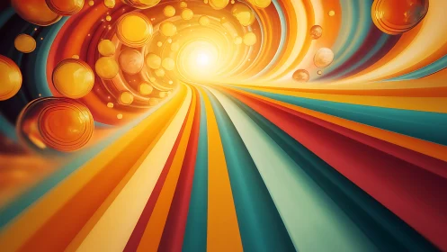 Sunburst corridor of color spirals toward a glowing future portal