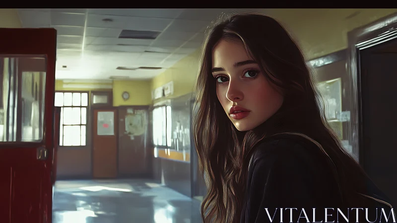 Young woman pauses in dimly lit school hallway