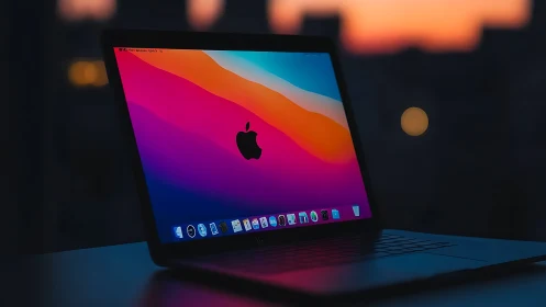 Sleek laptop glows against a warm, blurred sunset skyline